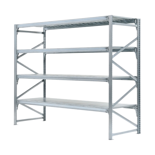 Elément de base 4 niveaux de tablettes galvanisées encastrées entre des longerons galvanisés.