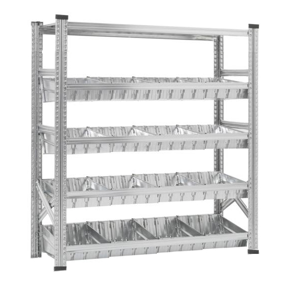 Elément de base Rayonnage à bacs modulaires dont 1 niveau supérieur à tablettes et 4 niveaux à bacs modulaires et séparateurs.