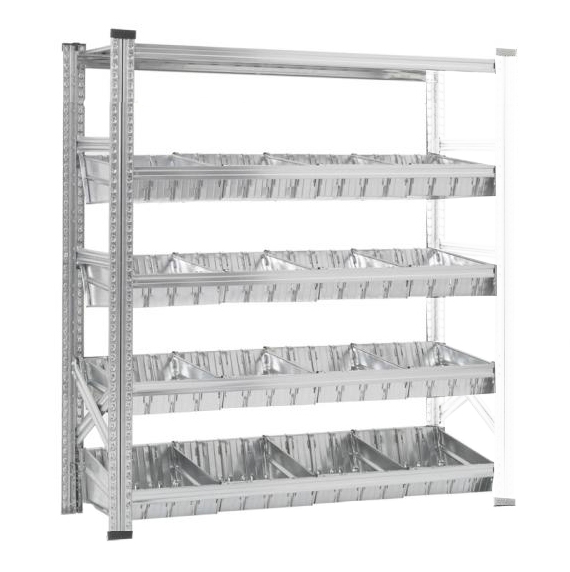 Elément suivant Rayonnage à bacs modulaires dont 1 niveau supérieur à tablettes et 4 niveaux à bacs modulaires et séparateurs.