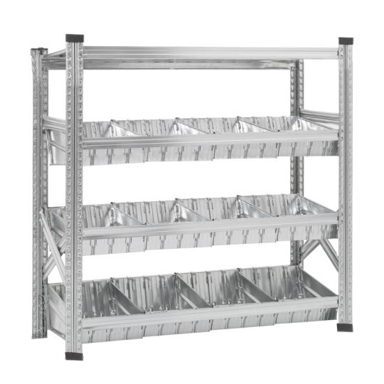 Elément de base Rayonnage à bacs modulaires dont 1 niveau supérieur à tablettes et 3 niveaux à bacs modulaires et séparateurs.