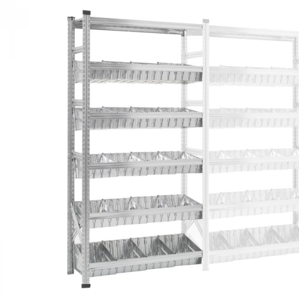 Elément suivant Rayonnage à bacs modulaires dont 1 niveau supérieur à tablettes et 5 niveaux à bacs modulaires et séparateurs