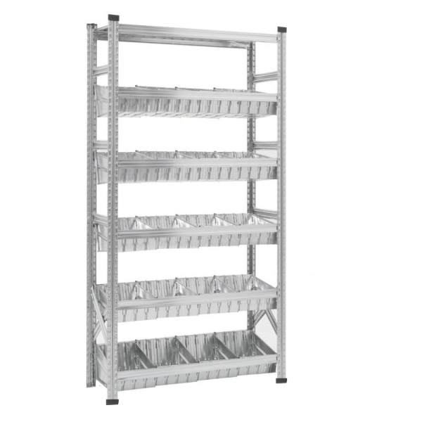 Elément de base Rayonnage à bacs modulaires dont 1 niveau supérieur à tablettes et 5 niveaux à bacs modulaires et séparateurs