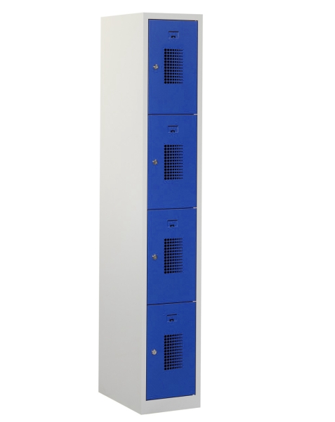 Casier type T, 4 portes, corps gris, portes bleues