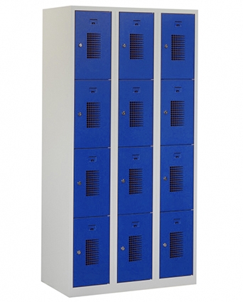 Casier type T, 3x4 portes, corps gris, portes bleues