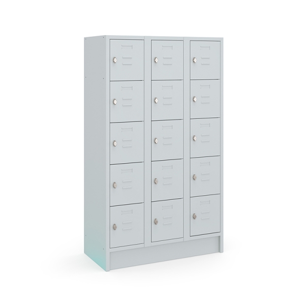 Casier type T, 3x5 portes, corps gris, portes grises