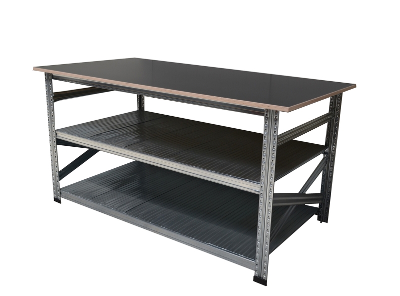 Table de travail type123 H907xP900xL1400 avec plan de travail en betonplex H21 mm plus 2 niv. de tablettes