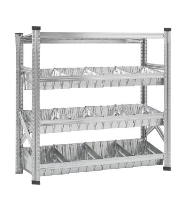 Rayonnage à bacs modulaires dont 1 niveau supérieur à tablettes et 3 niveaux à bacs modulaires et séparateurs.