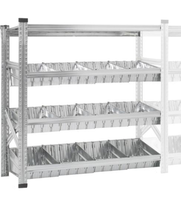 Rayonnage à bacs modulaires dont 1 niveau supérieur à tablettes et 3 niveaux à bacs modulaires et séparateurs.