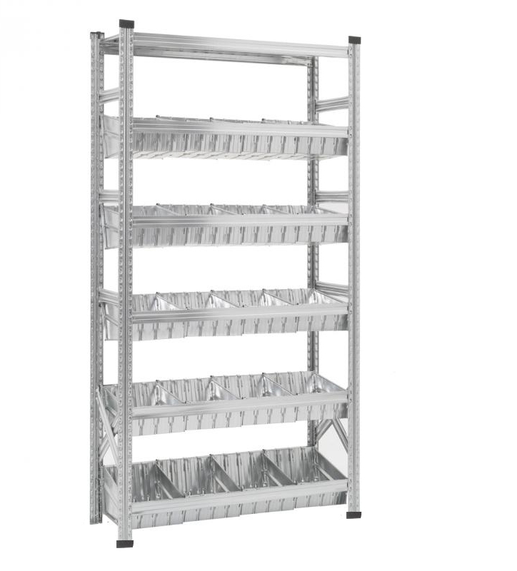Rayonnage à bacs modulaires dont 1 niveau supérieur à tablettes et 5 niveaux à bacs modulaires et séparateurs