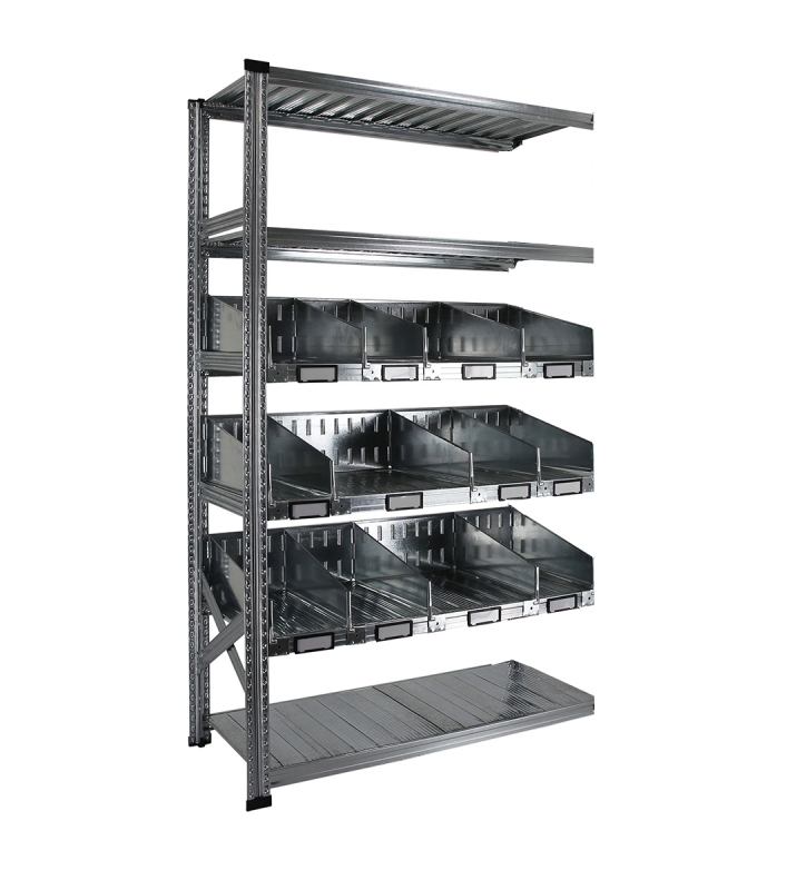 Rayonnage à séparateurs avec 6 niveaux de tablettes, dont 3 niveaux de séparateurs trapézoïdaux avec rebord