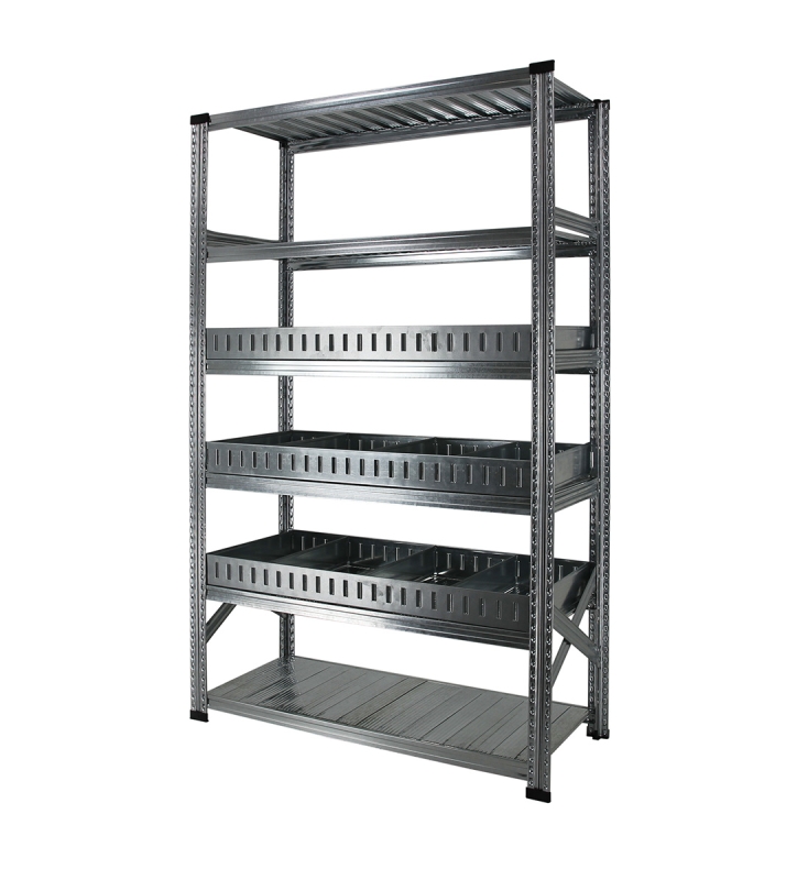 Rayonnage à séparateurs avec 6 niveaux de tablettes, dont 3 niveaux de séparateurs avec rebord