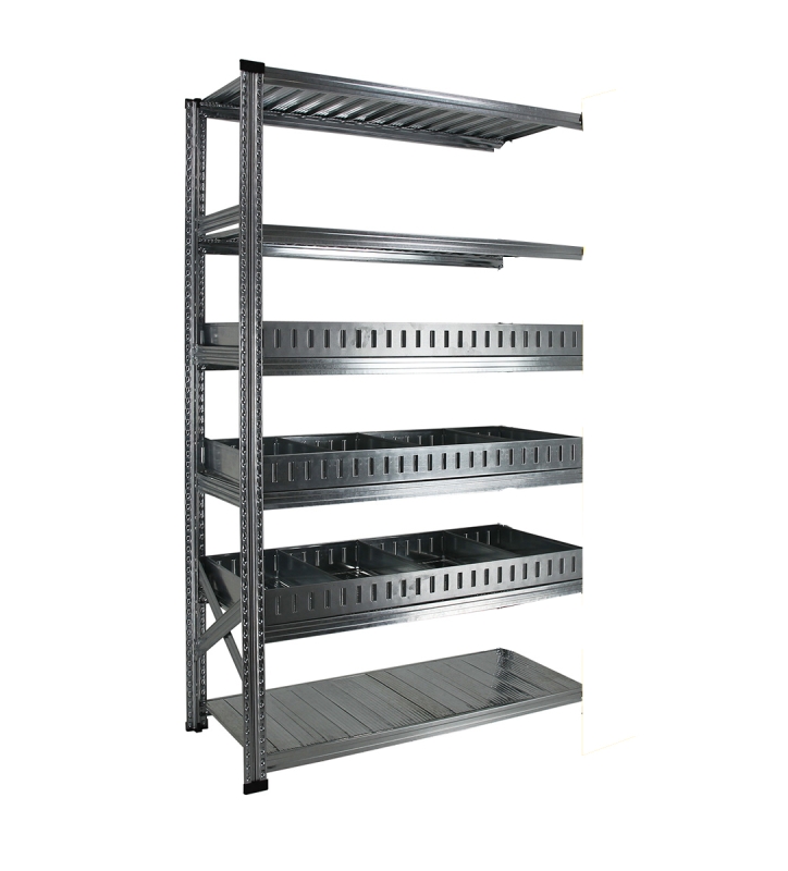 Rayonnage à séparateurs avec 6 niveaux de tablettes, dont 3 niveaux de séparateurs avec rebord
