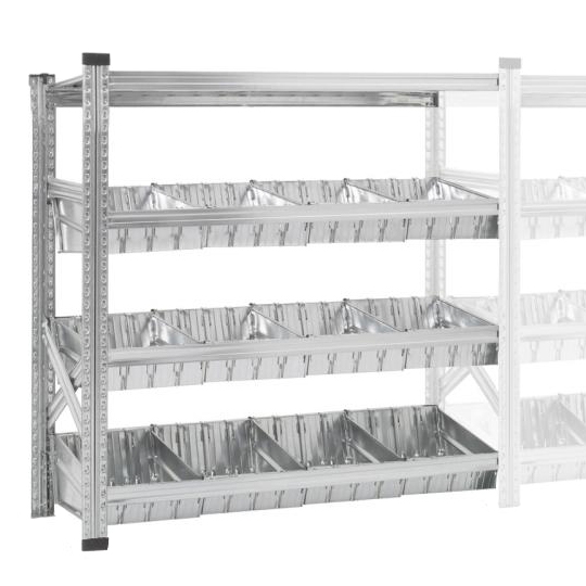 Aanbouwrek Bakkenrek waarvan 1 toplegbord en 3 niveaus met modulaire bakken en tussenschotten