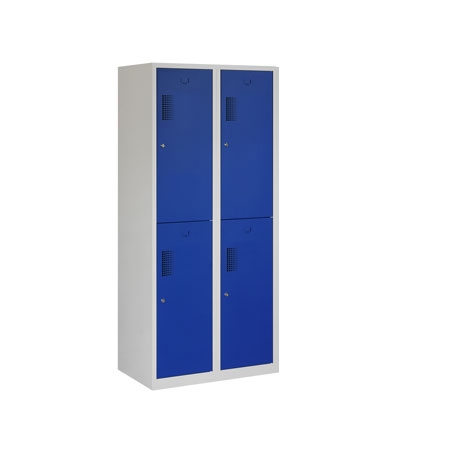 Locker met schoon/vuil-verdeling, 2x2 deurs, grijze omkasting, blauwe deuren
