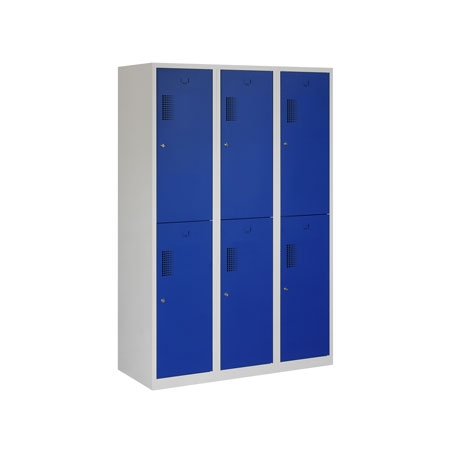 Locker met schoon/vuil-verdeling, 3x2 deurs, grijze omkasting, blauwe deuren