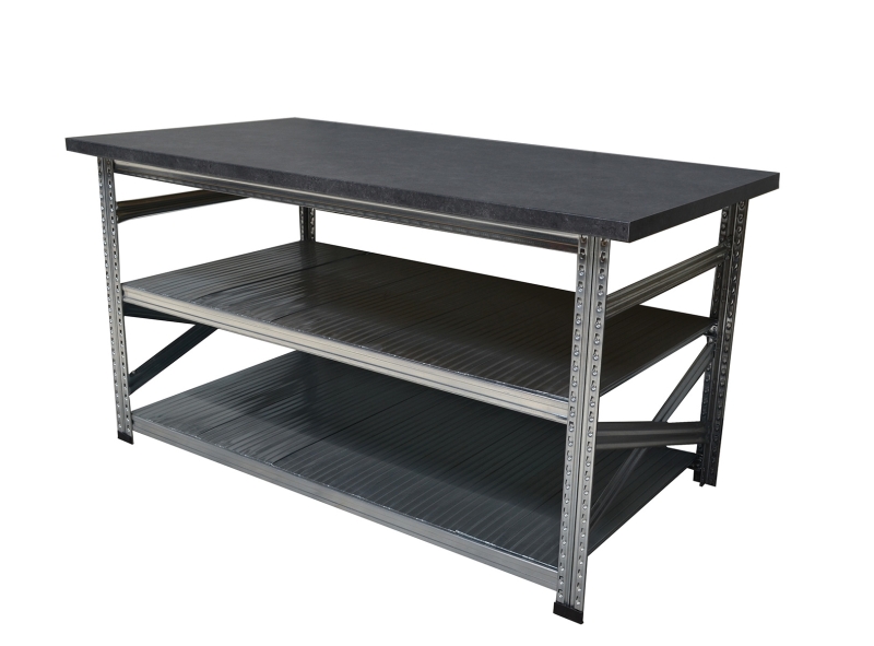 Werktafel type123 H926xD900xL2600 met anthraciet grijs werkblad H40 mm plus 2 legborden