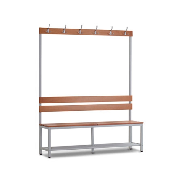 Zitbank enkelzijdig met rugleuning en kledinghaken. 1800x450x1500 mm (HxDxL).