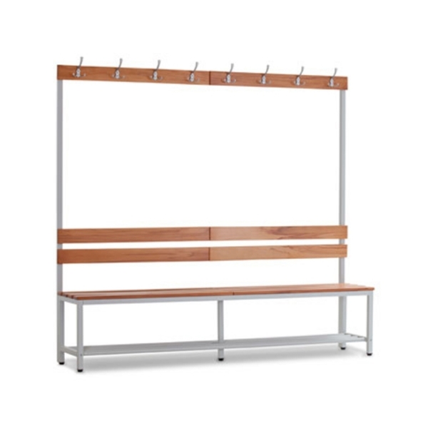 Zitbank enkelzijdig met rugleuning en kledinghaken. 1800x450x2000 mm (HxDxL).