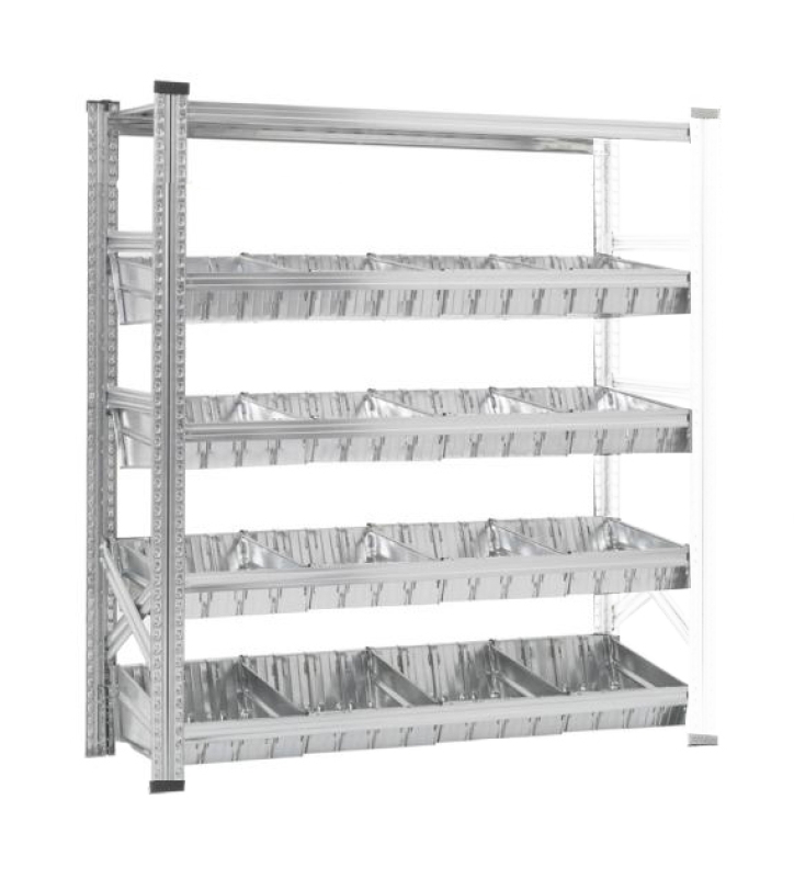 Bakkenrek waarvan 1 toplegbord en 4 niveaus met modulaire bakken en tussenschotten.