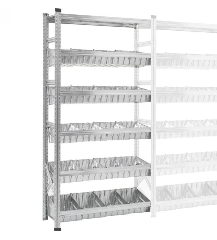 Bakkenrek waarvan 1 toplegbord en 5 niveaus met modulaire bakken en tussenschotten