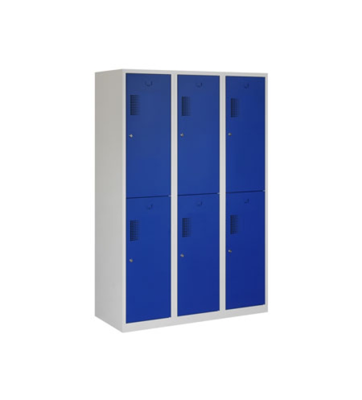 Locker met schoon/vuil-verdeling, 3x2 deurs, grijze omkasting, blauwe deuren