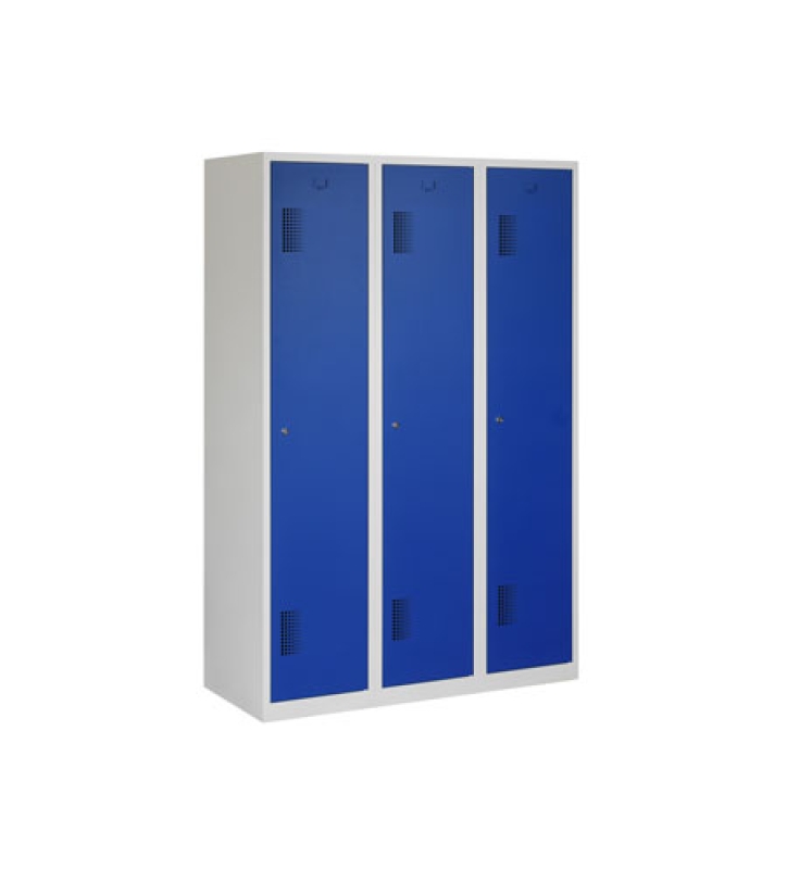 Locker met schoon/vuil-verdeling, 3x1 deurs, grijze omkasting, blauwe deuren