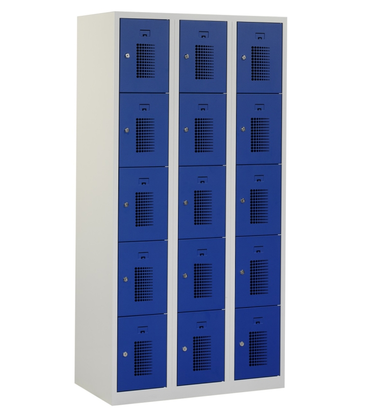 Locker type T, 3x5-deurs, grijze omkasting, blauwe deuren