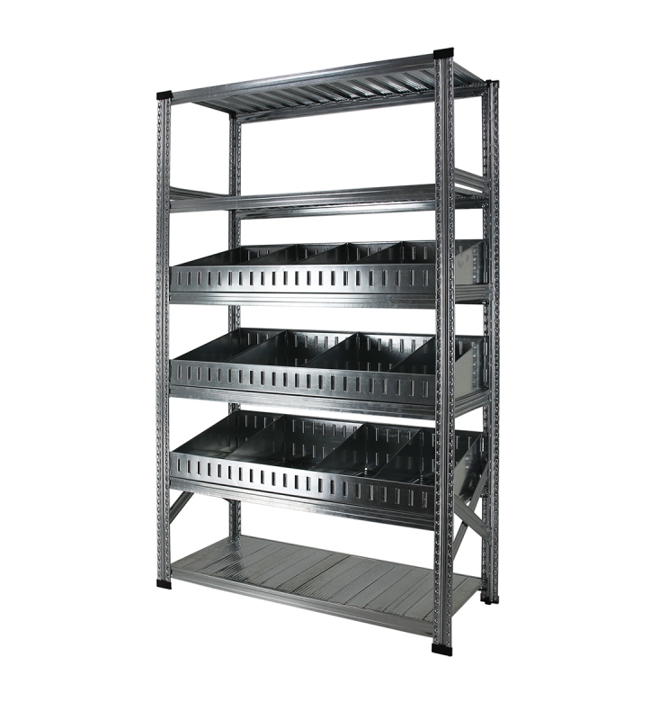 Vakkenrek met 6 niveaus, waarvan 3 met trapezium vakverdeling, met voorrand en hoge achterrand