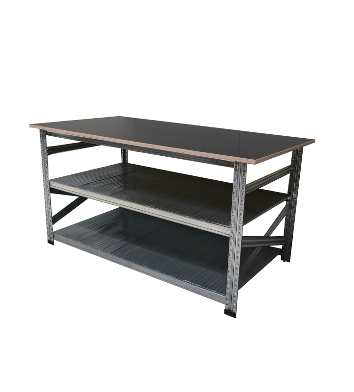 Werktafel type123 H907xD700xL1400 met betonplex werkblad 21 mm plus 2 legborden