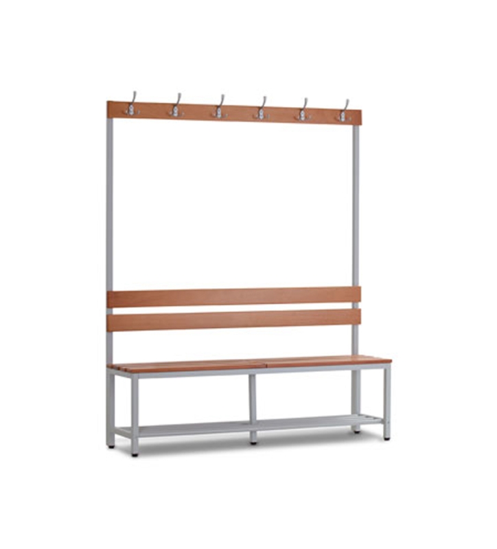 Zitbank enkelzijdig met rugleuning en kledinghaken. 1800x450x1500 mm (HxDxL).