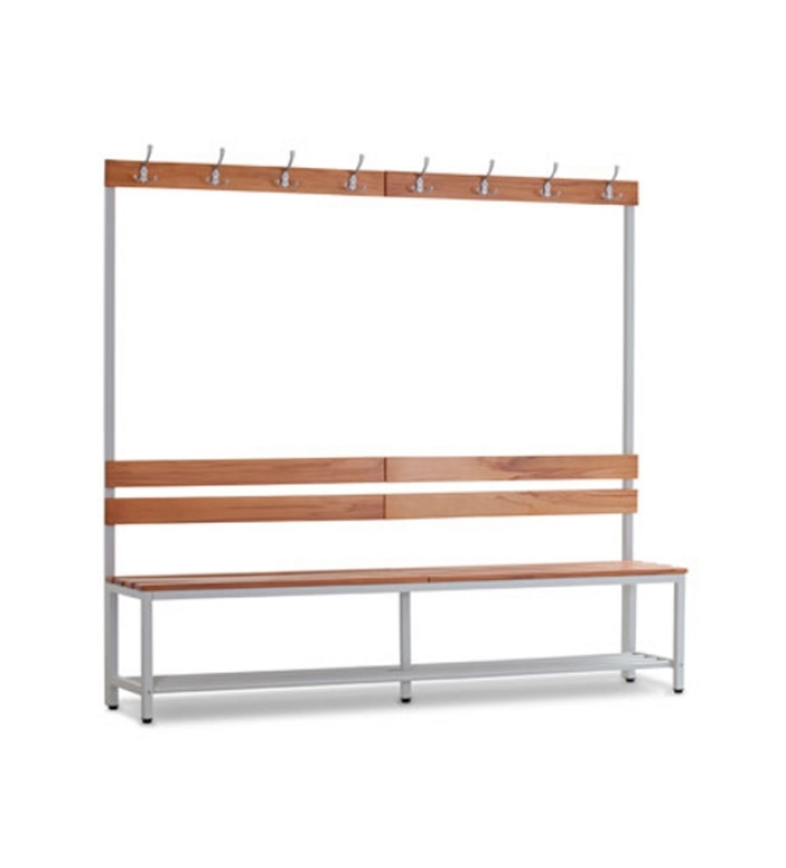 Zitbank enkelzijdig met rugleuning en kledinghaken. 1800x450x2000 mm (HxDxL).