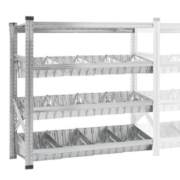 Bakkenrek waarvan 1 toplegbord en 3 niveaus met modulaire bakken en tussenschotten
