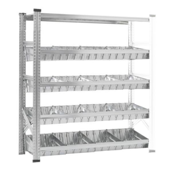Bakkenrek waarvan 1 toplegbord en 4 niveaus met modulaire bakken en tussenschotten.
